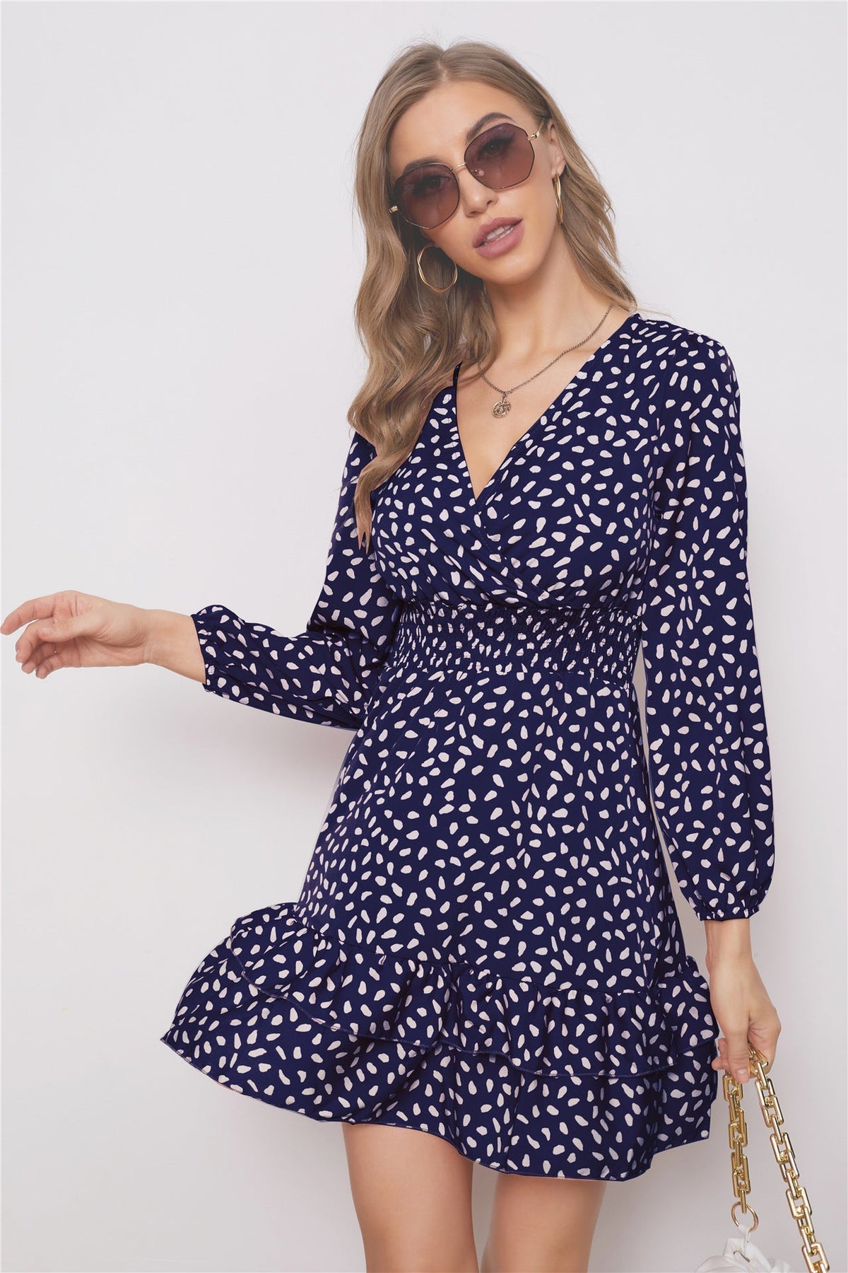 Spotted Print V-Neck Long Sleeve Tiered Ruffle Mini Dress