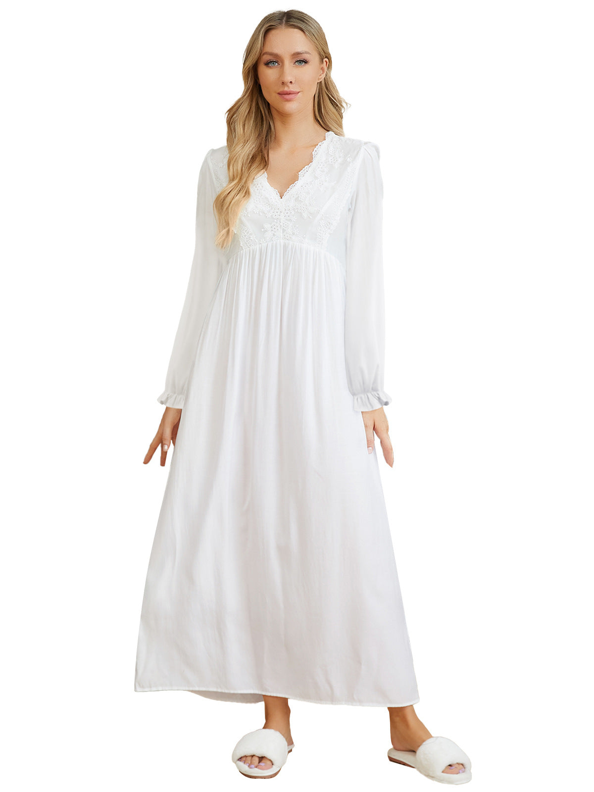 Lace Trim V-Neck Long Sleeve Empire Waist Maxi Dress