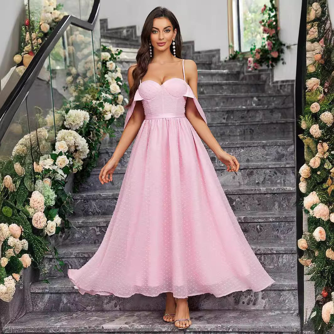Swiss Dot Sweetheart Bustier Off Shoulder Drape A-Line Maxi Gown