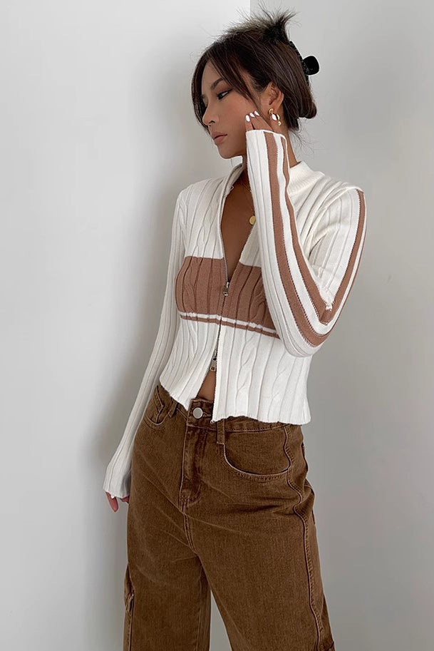 Zip Detail Contrast Cable Knit Cardigan for Elegant Style