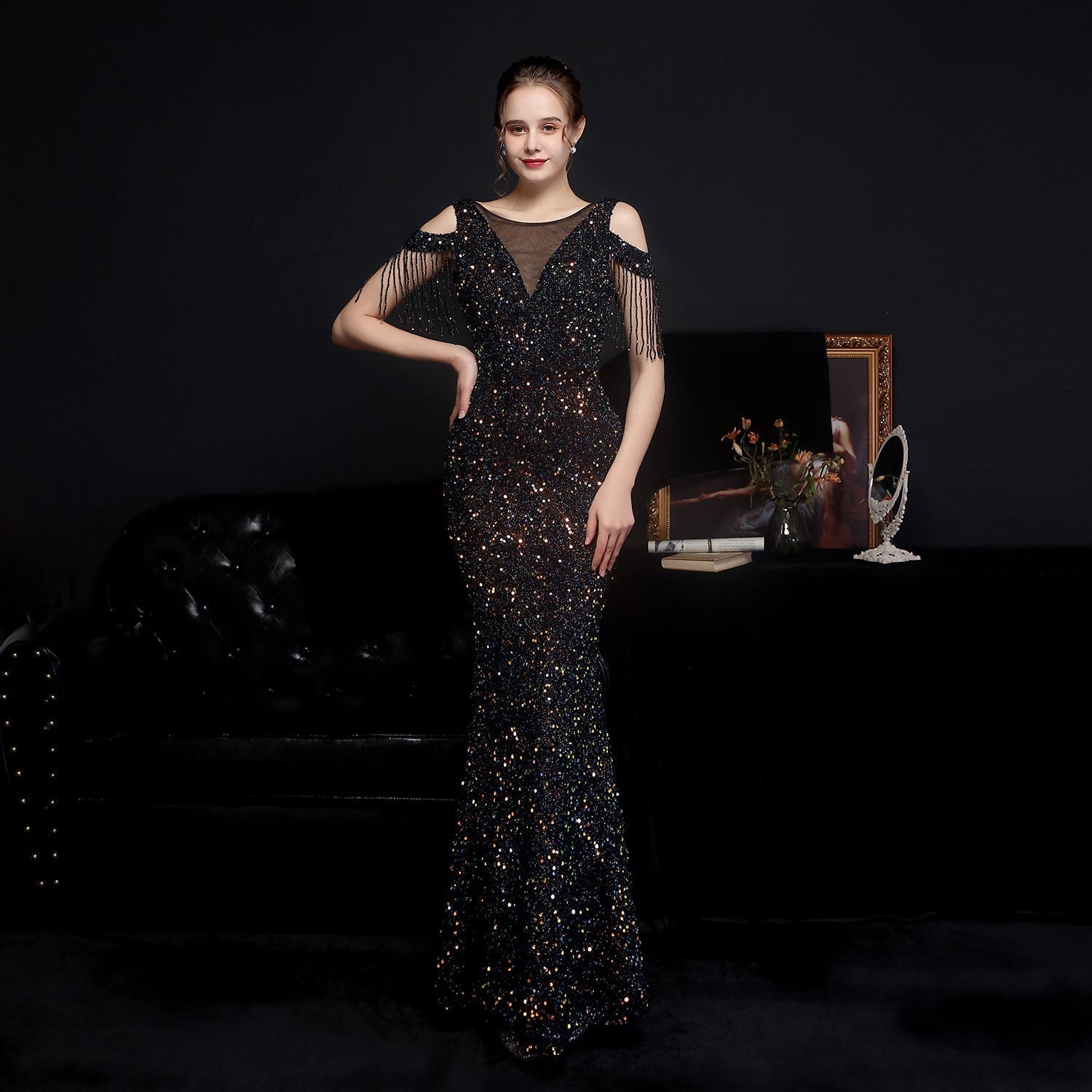 Emery sequined fringed fishtail dress - Fashionpara