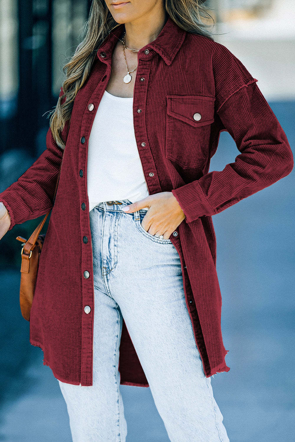 Corduroy Button Oversized Mid-Length Shirt Jacket