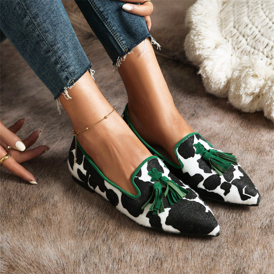 Pointed-toe Fringe Leopard Contrast Mules - Fashionpara