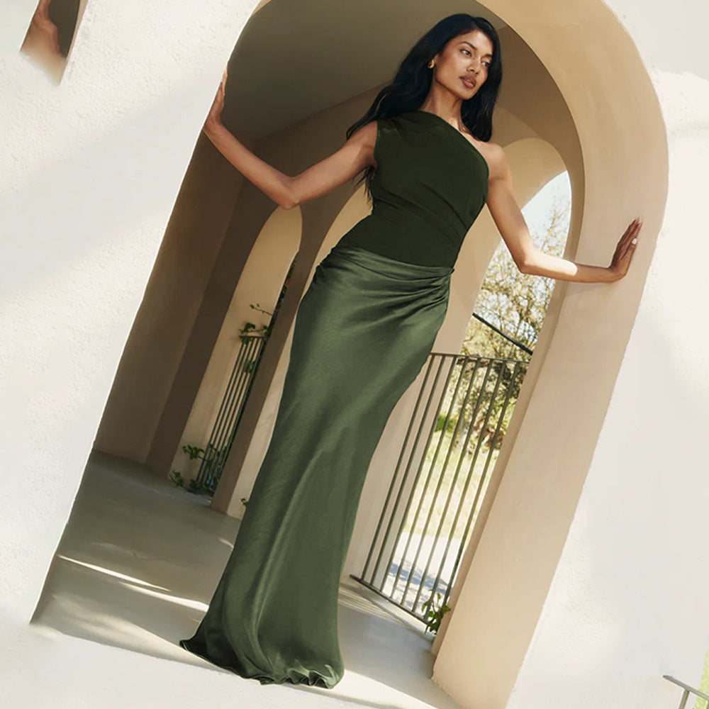 One-Shoulder Ruched Satin Bias Column Maxi Dress 3