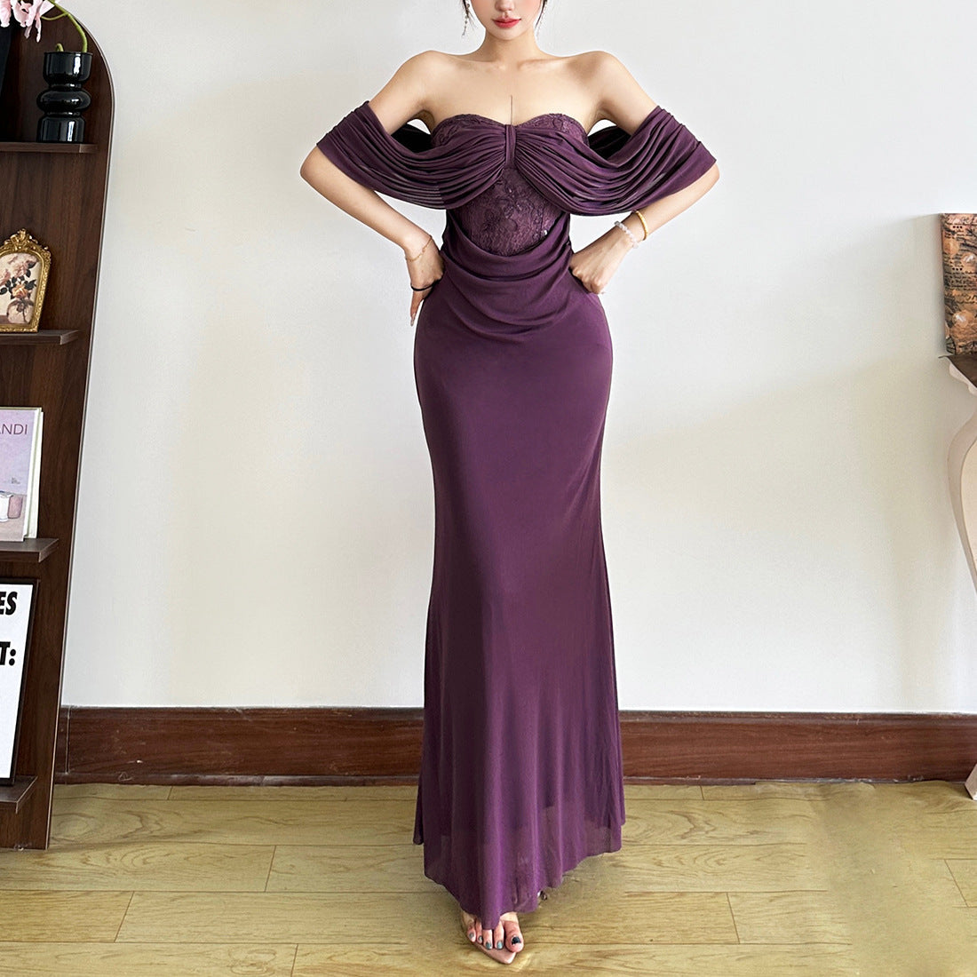 Off Shoulder Draped Lace Ruched Mermaid Maxi Dress