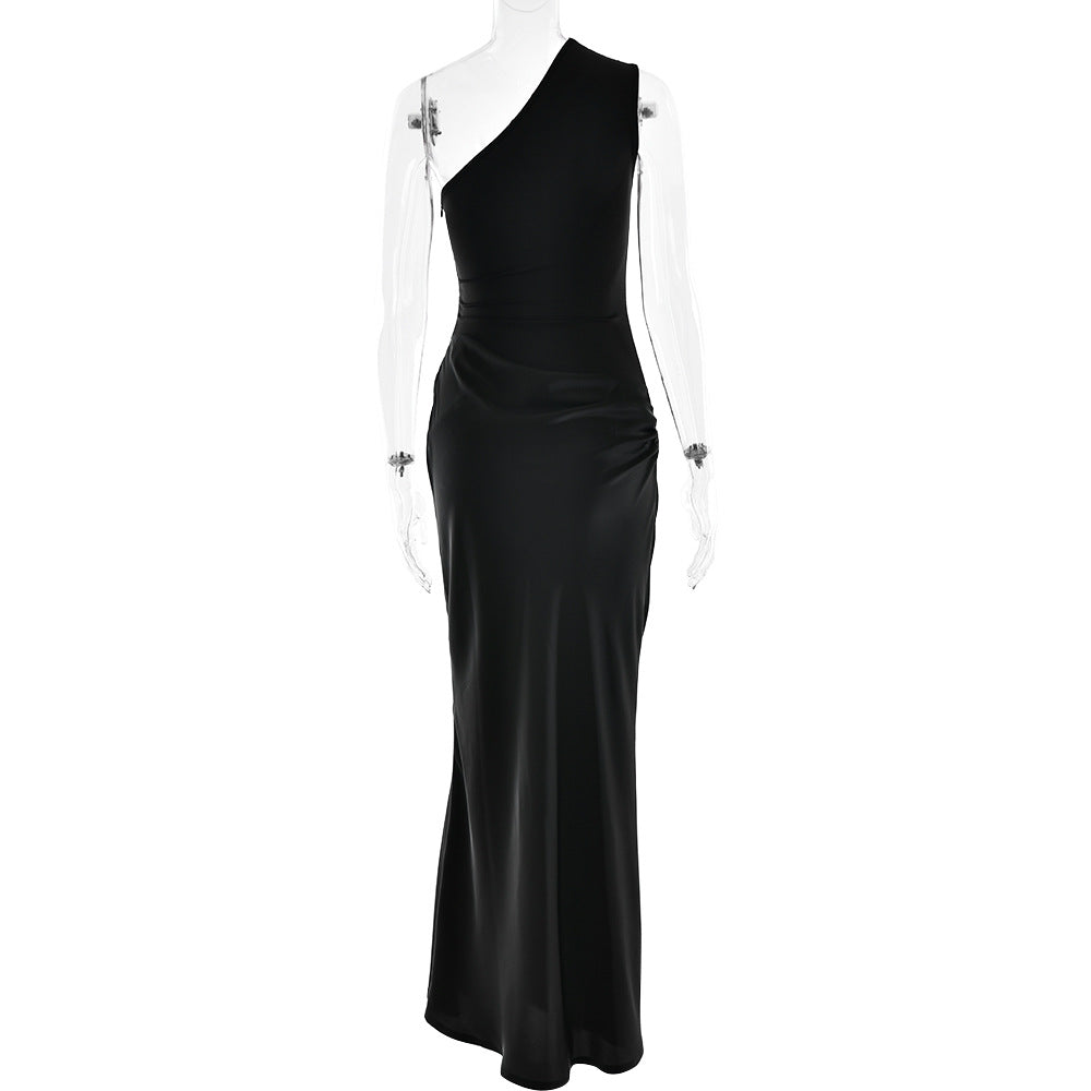 One-Shoulder Ruched Satin Bias Column Maxi Dress 12