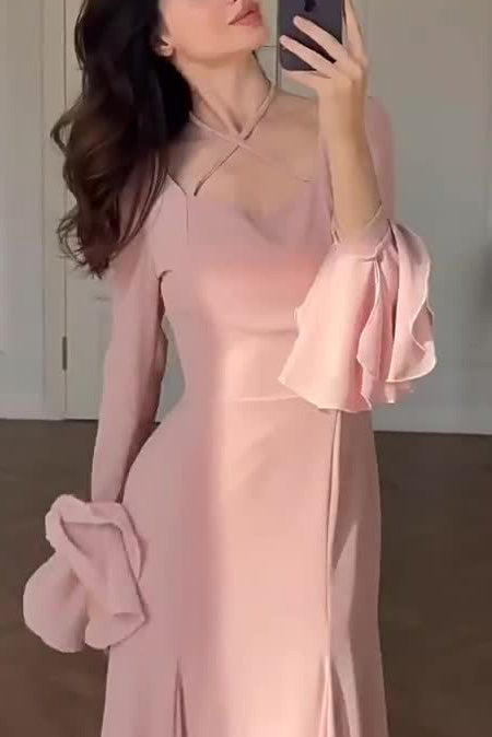 Pink square neckline stacked sleeves slim maxi dress