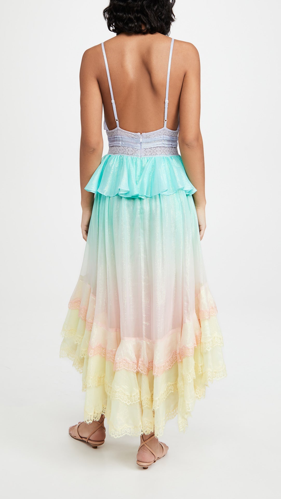 Metallic V-Neck Lace Trim Tiered Maxi Dress