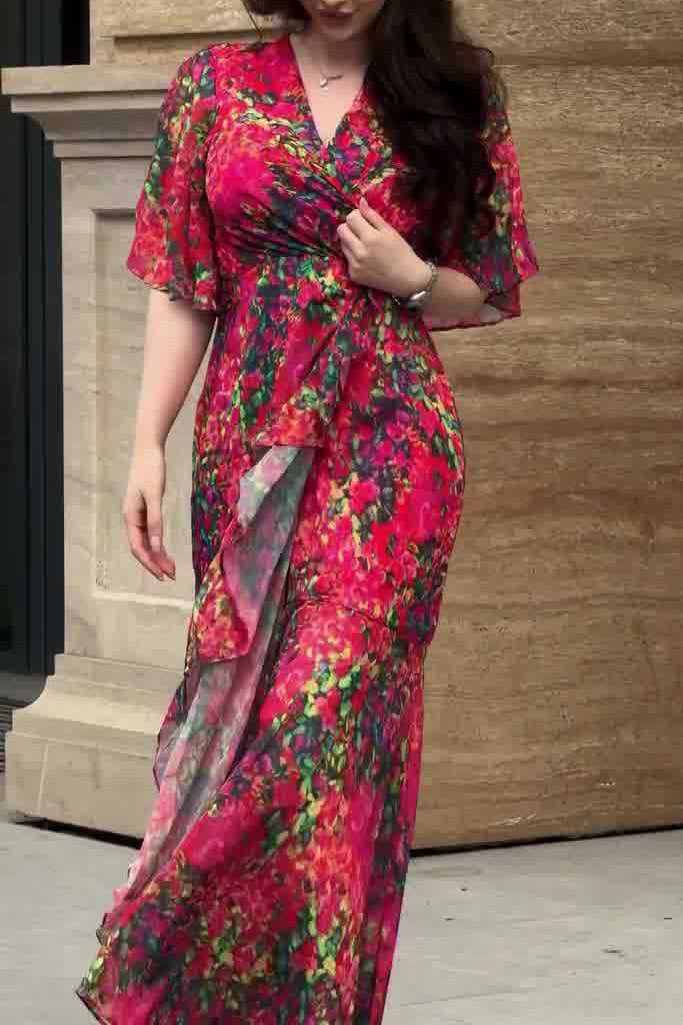 Unrestrained rose red printed short-sleeved long dress