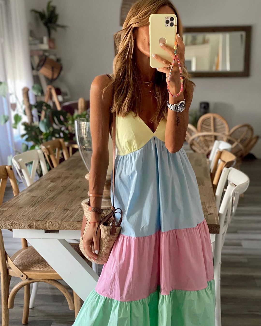 Tiered Panelled V-Neck Spaghetti Strap Maxi Dress