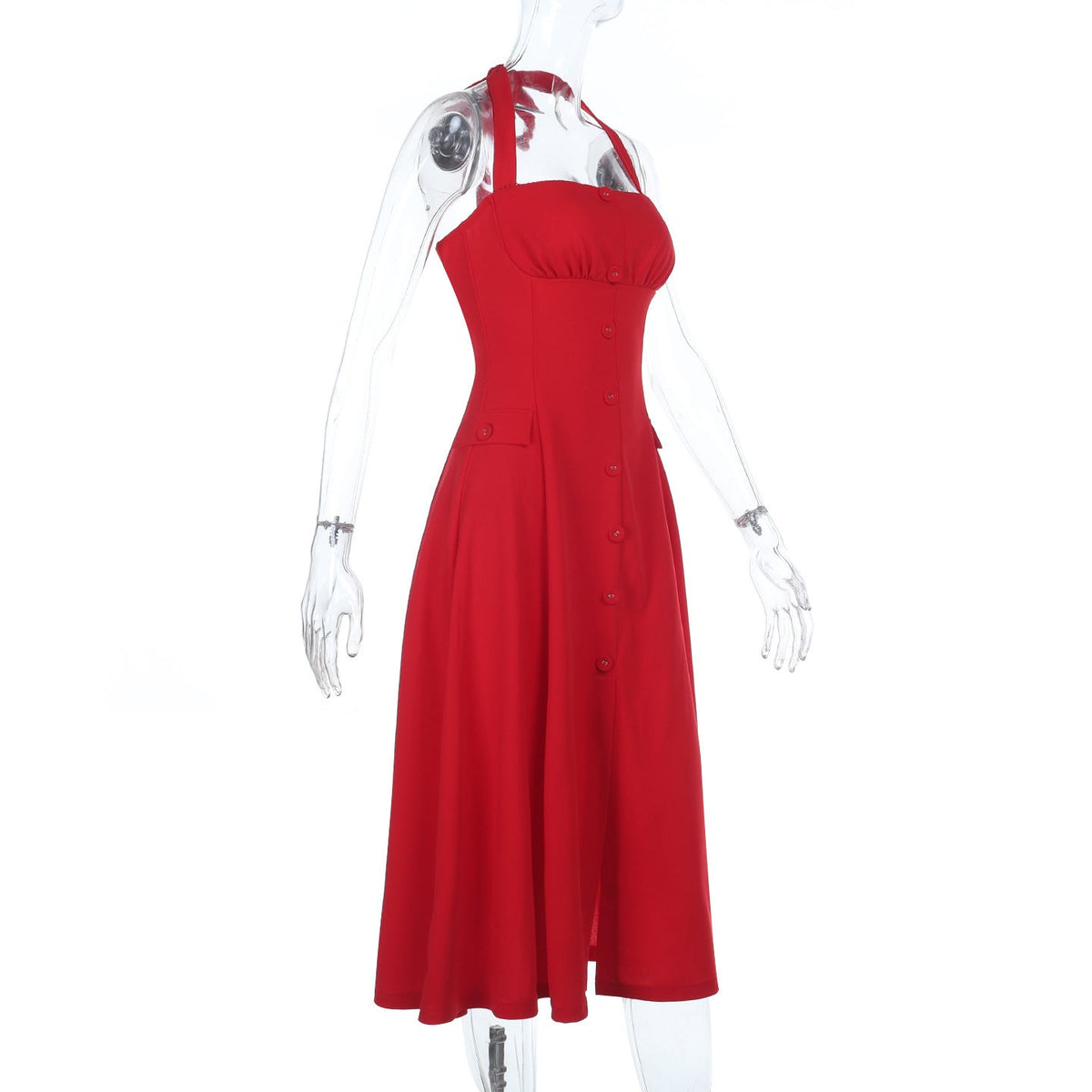 Halter Sweetheart Button-Front Flared Midi Dress 7