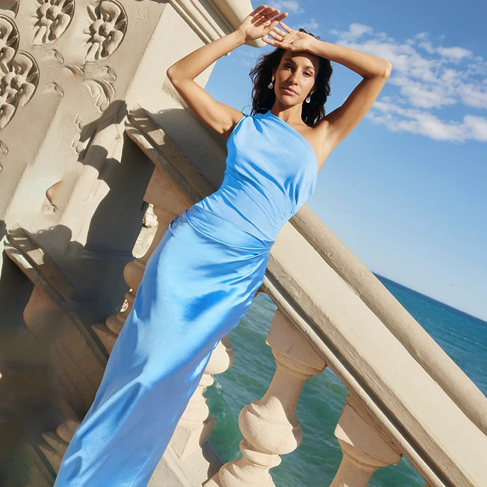 One-Shoulder Ruched Satin Bias Column Maxi Dress 7