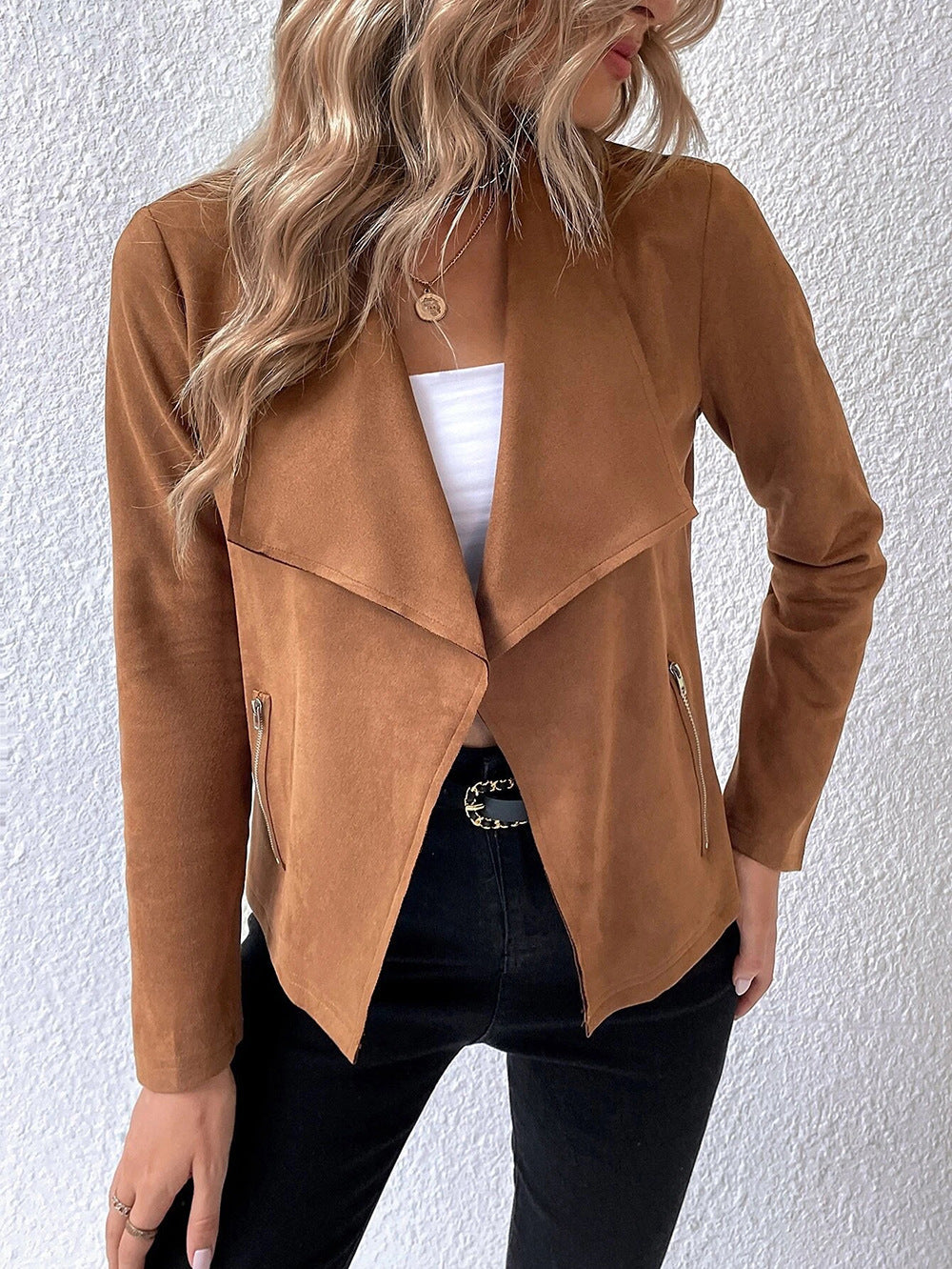 Chic Suede Collar Cropped Long Sleeve Jacket for Stylish Layers