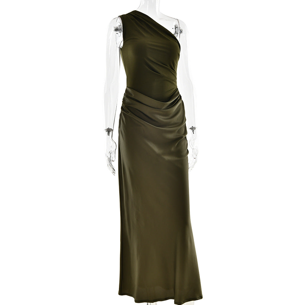 One-Shoulder Ruched Satin Bias Column Maxi Dress 6
