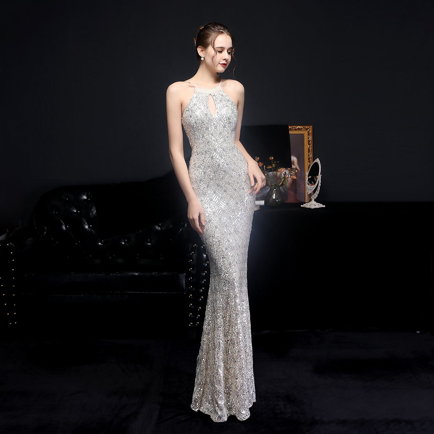 Cocktail Elegant Long Halter Set Diamond Sequined Aura Queen Fishtail Evening Dress - Fashionpara