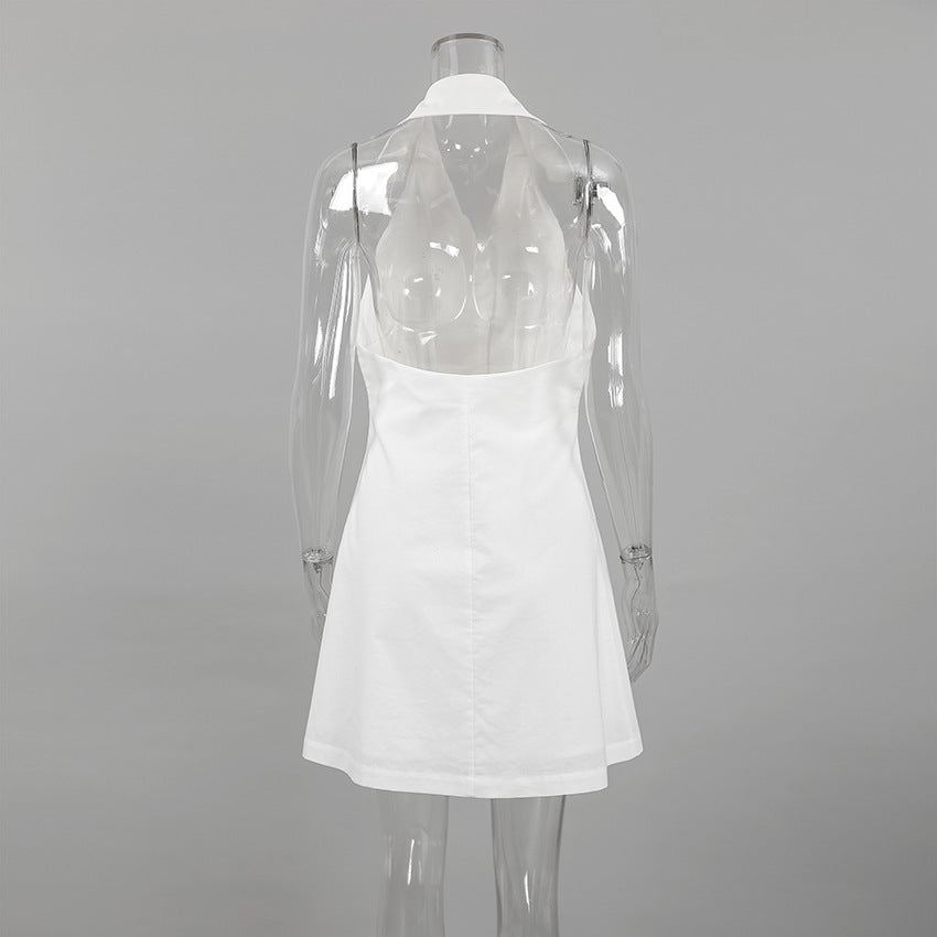 Linen Notch-Lapel Halter Button-Front Mini Dress 5