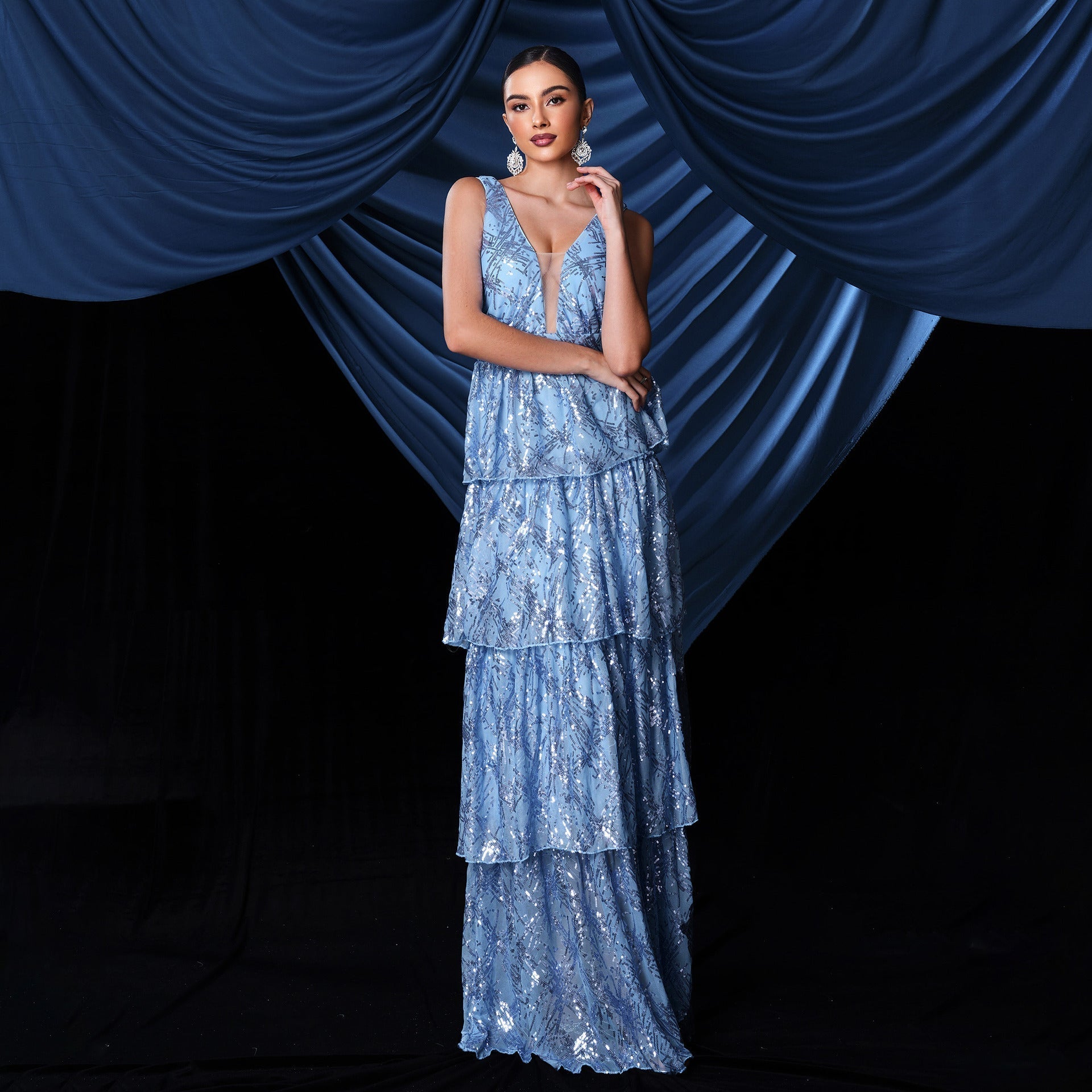 Sleeveless Elegant V neck Long Sequined Cocktail Sequined Evening Dress Bridesmaid - Fashionpara