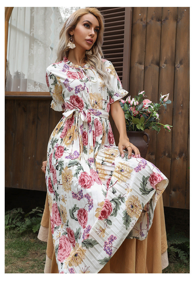 Floral Print Tie Neck Short Sleeve Pleated Midi Dress