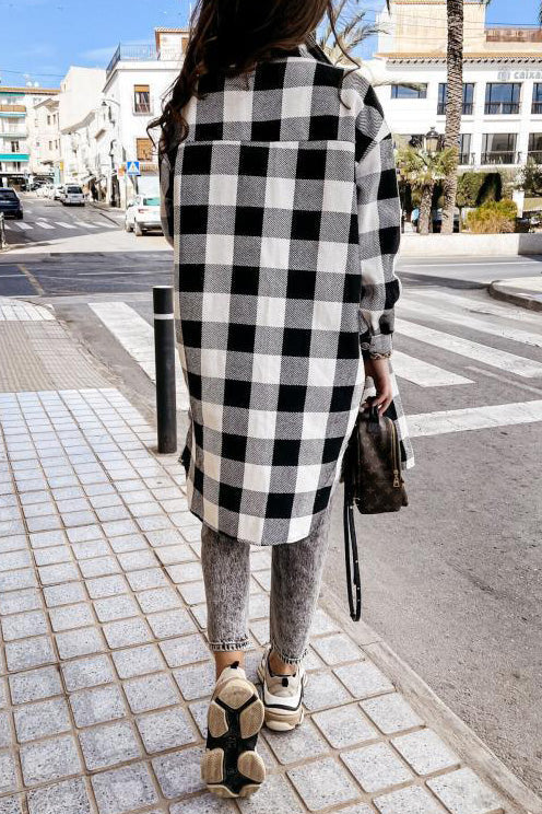 ShoptheCIC Long Lapel Plaid Single-Breasted Coat Jacket