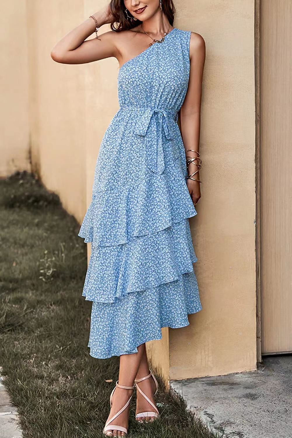 Ditsy Floral One Shoulder Tiered Belted Midi Dress 2