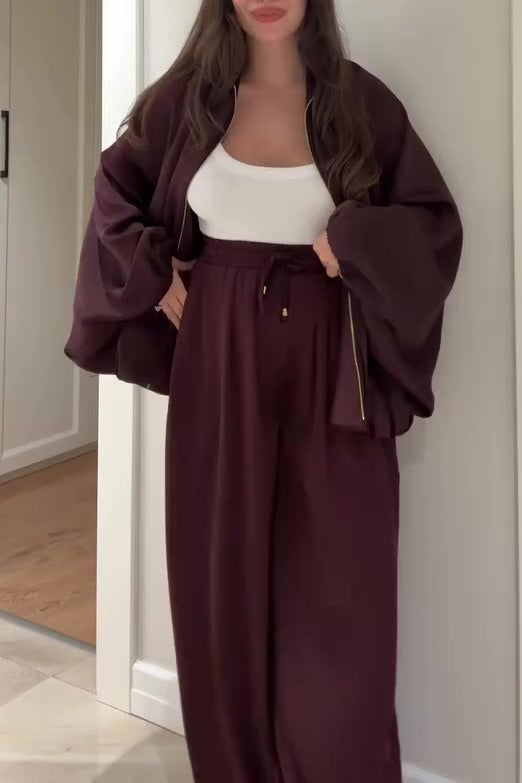 Lantern-Sleeve Zipper Jacket & Wide-Leg Pants Set