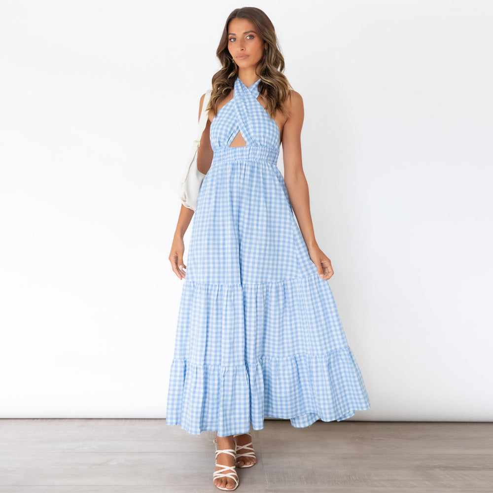 Gingham Halter Neck Cutout Tiered Maxi Dress