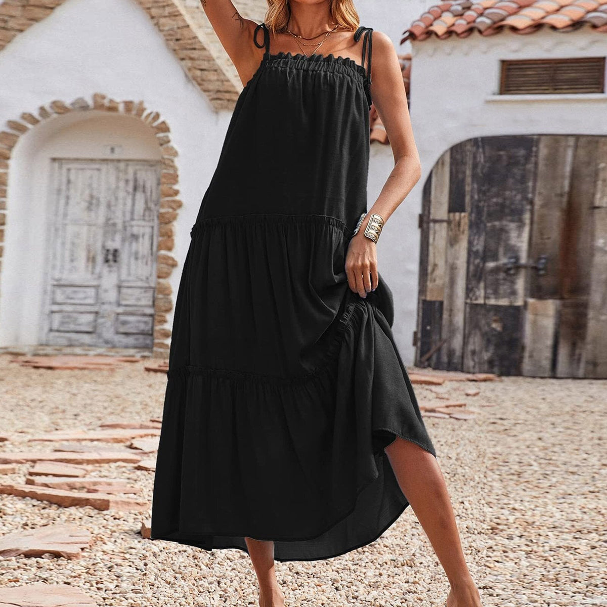 Square Neck Sleeveless Tiered Cami Maxi Dress