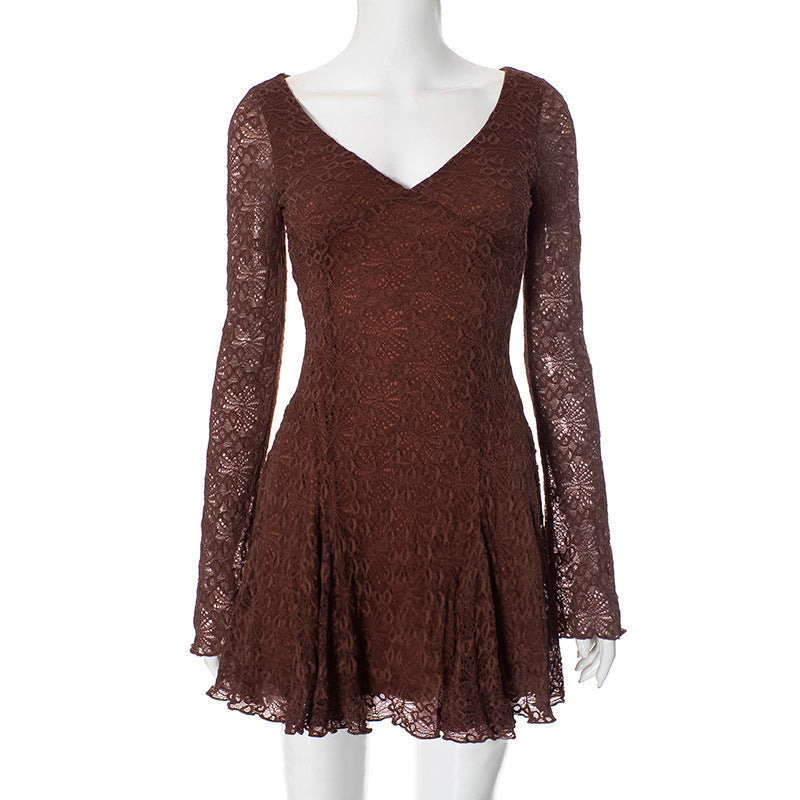 Lace Stitching Elegant V neck Long Sleeve Slim Fit Dress - View 2