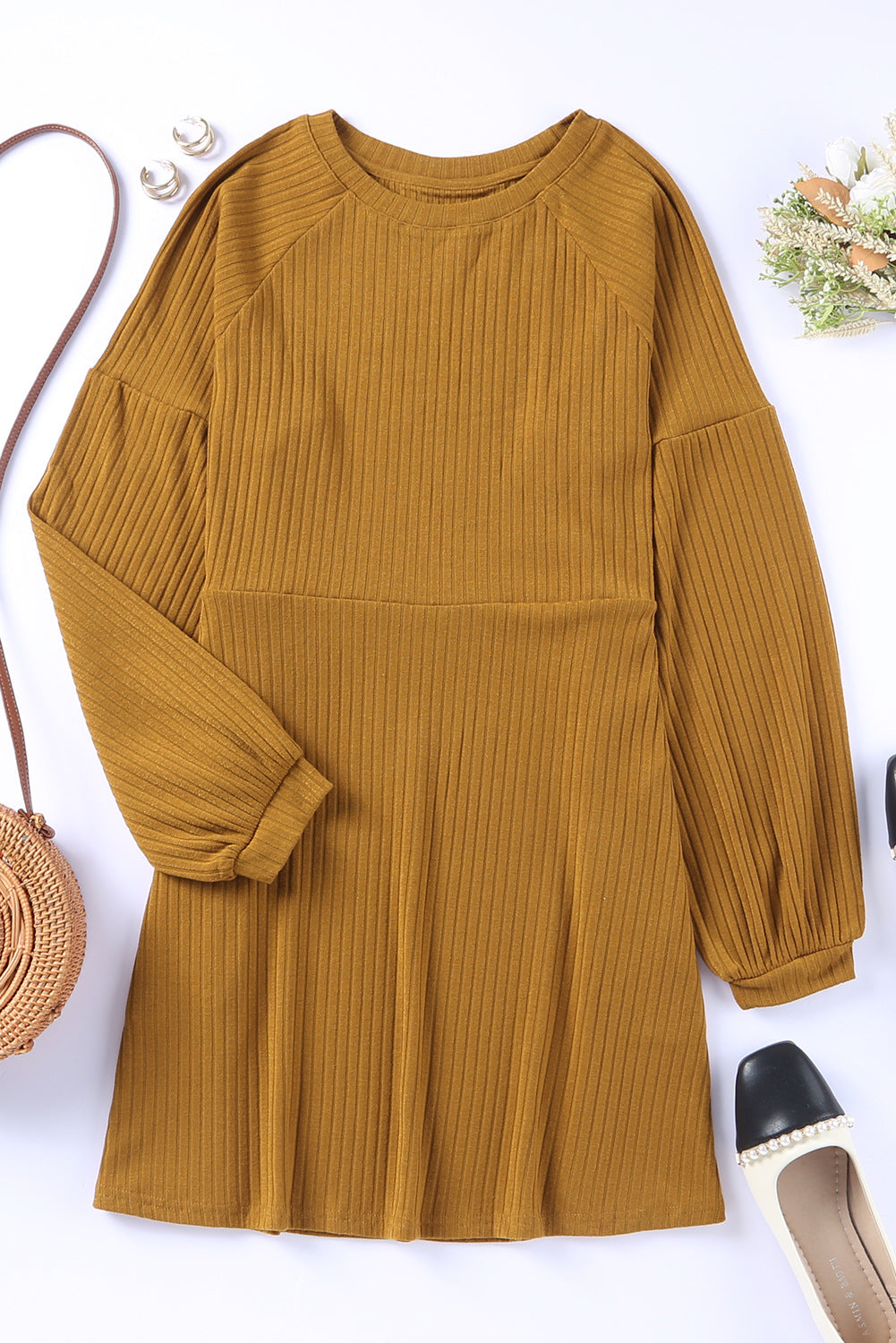 Solid color round neck high waist knitted midi dress Fashionpara