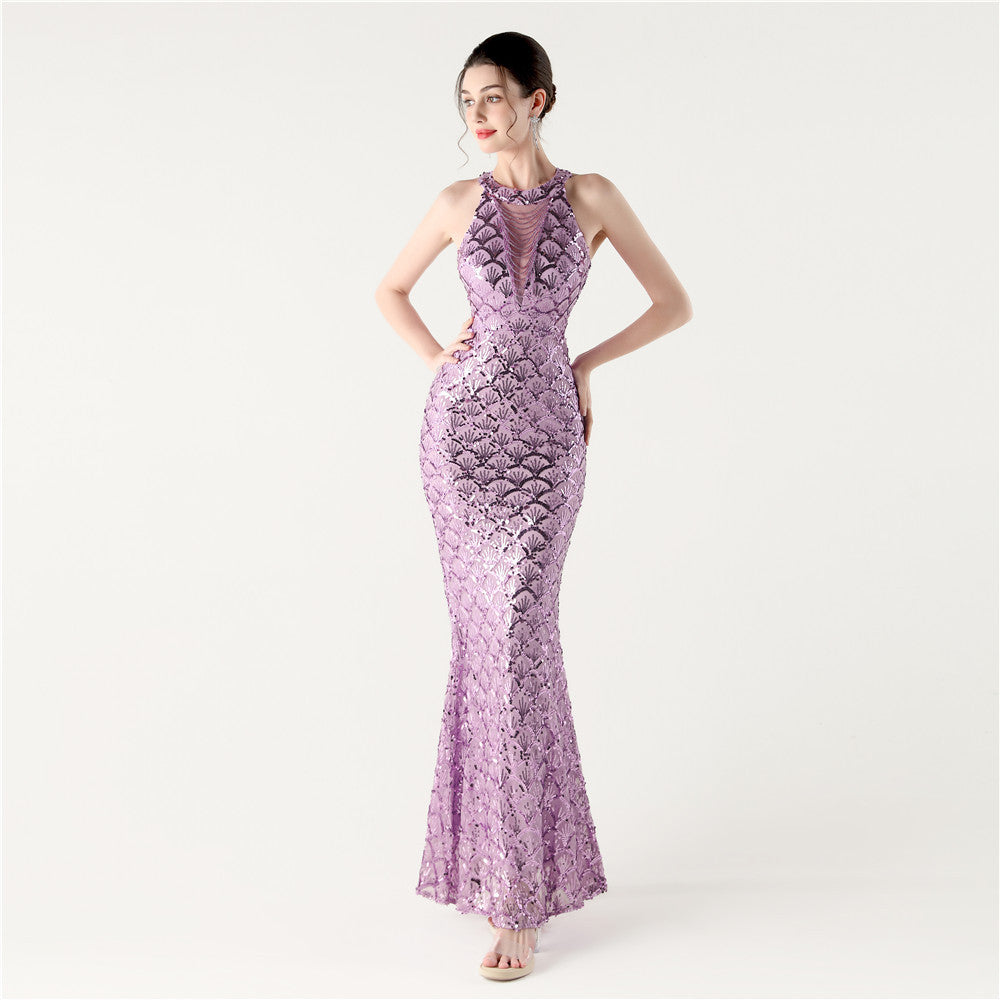 Sequin Halter Neck Backless Mermaid Maxi Evening Gown - View 2