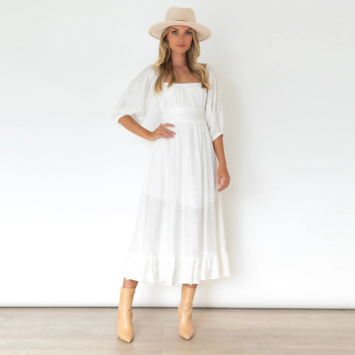 Square Neck Puff Sleeve Empire Waist Midi Dress