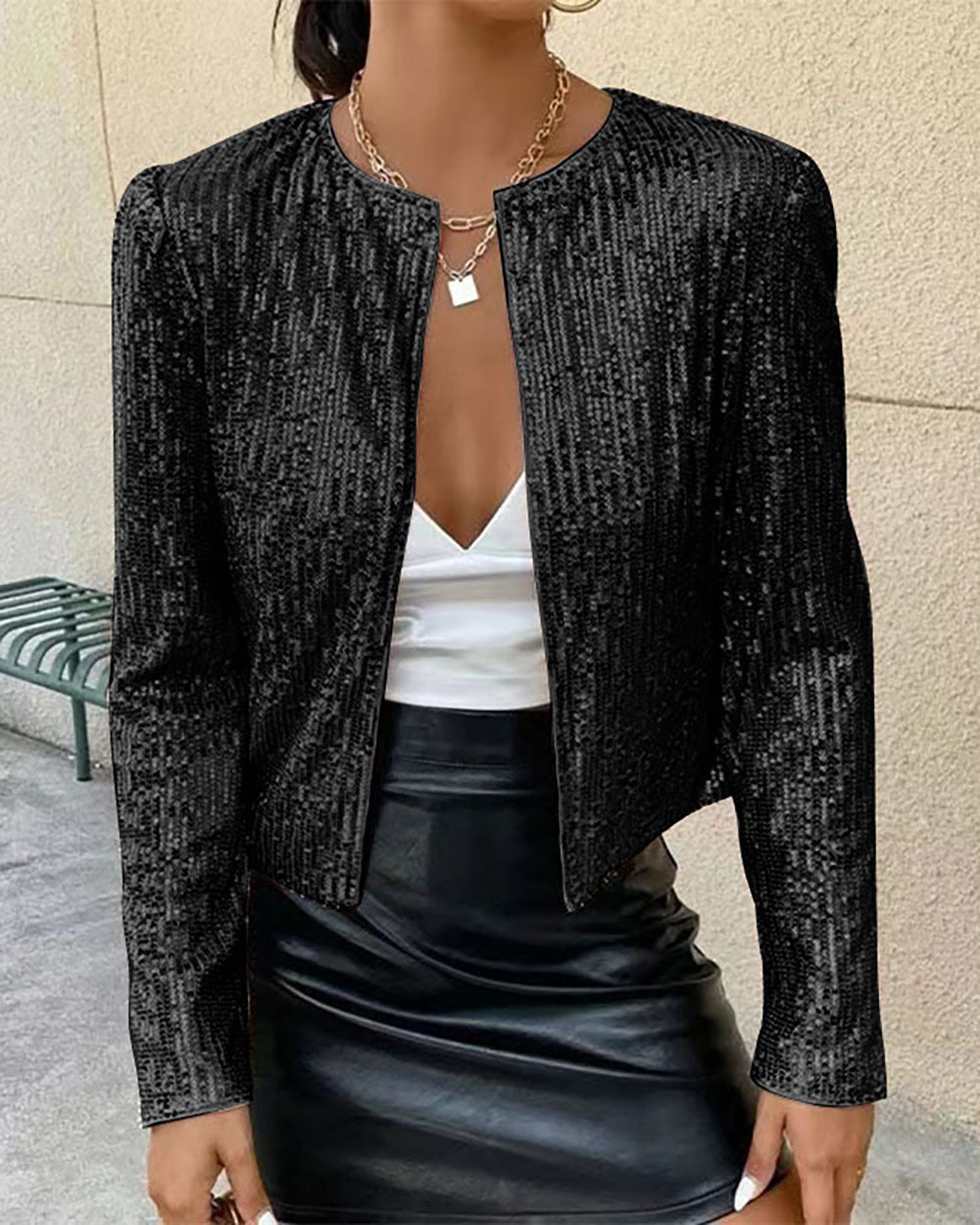 Smart Sequined Stand-Up Collar Short Coat for Stylish Elegance