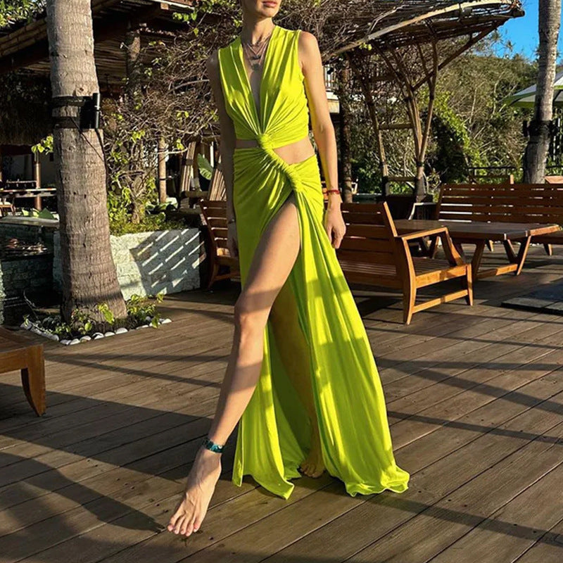 Cut Out Slit Hem V Neck Bodycon Irregular Maxi Dress