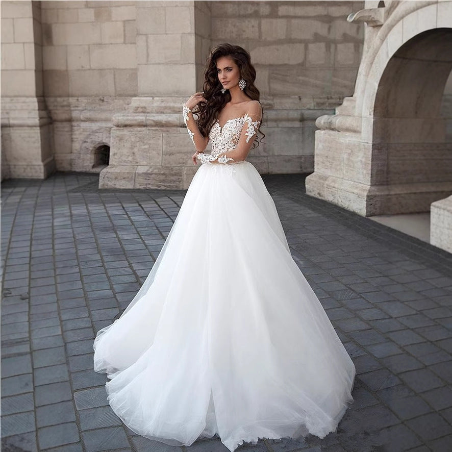 Off-Shoulder V-Neck Sheer Wedding Dress