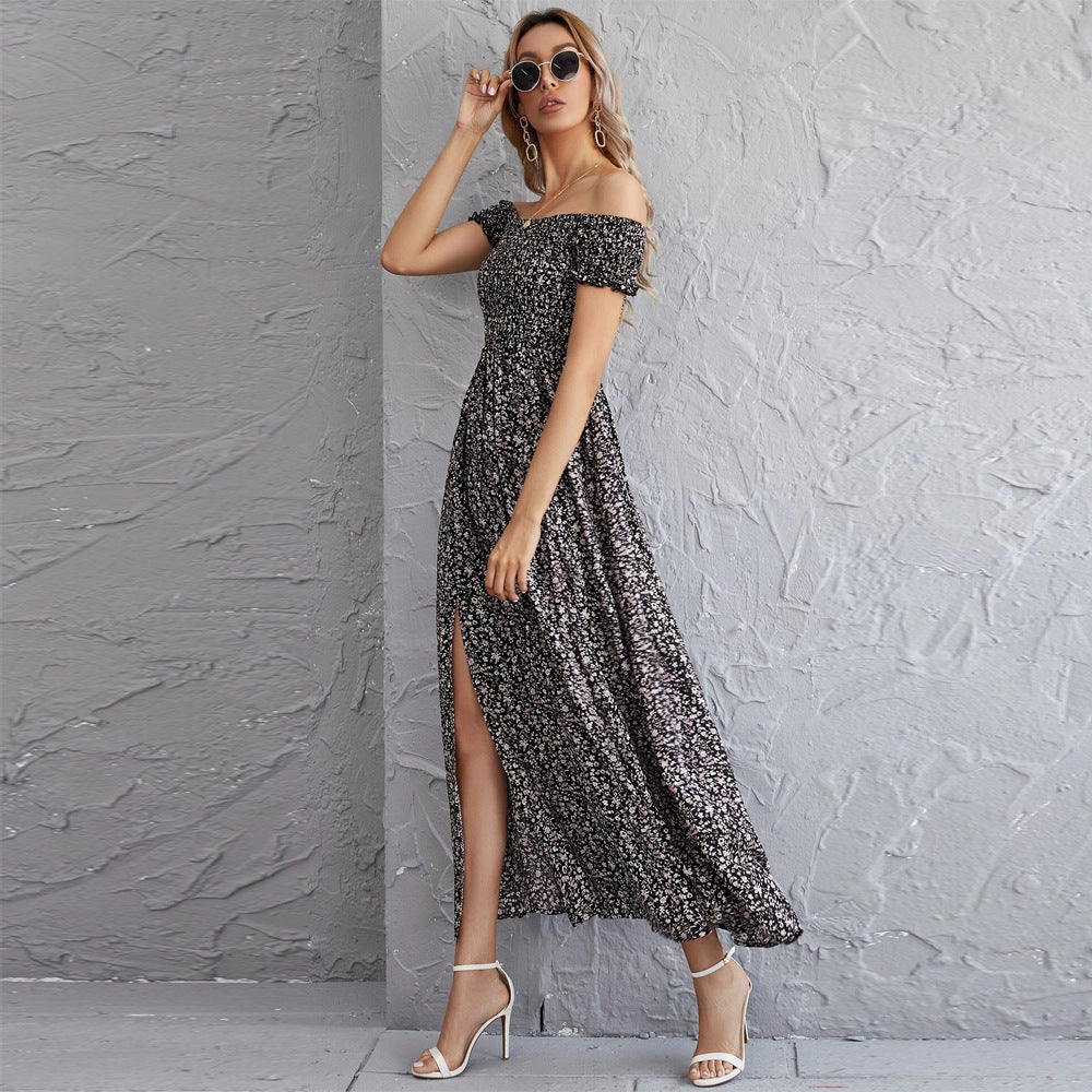 Floral Print Off Shoulder Smocked Slit Maxi Dress