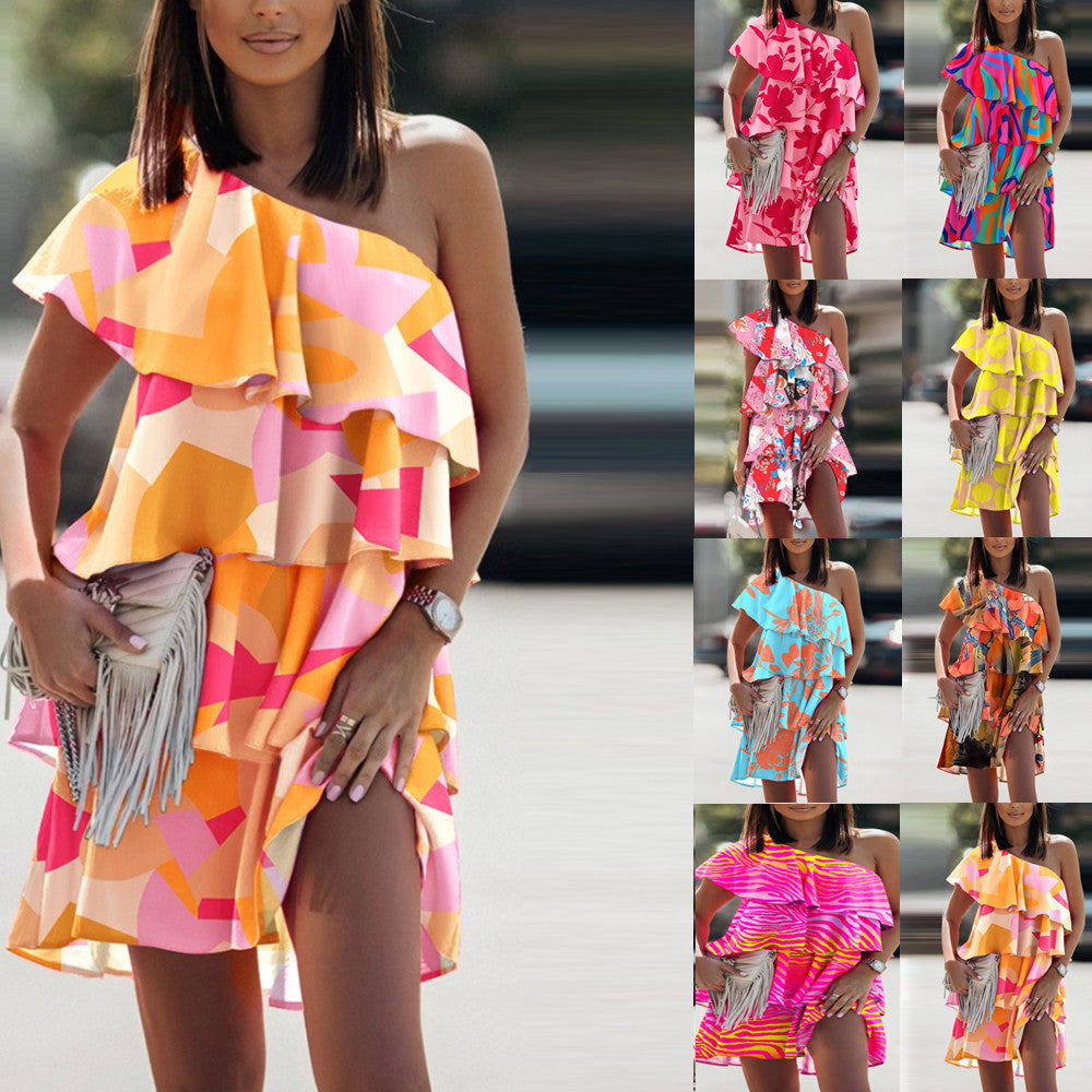 One Shoulder Floral Tiered Ruffle Mini Dress - View 2