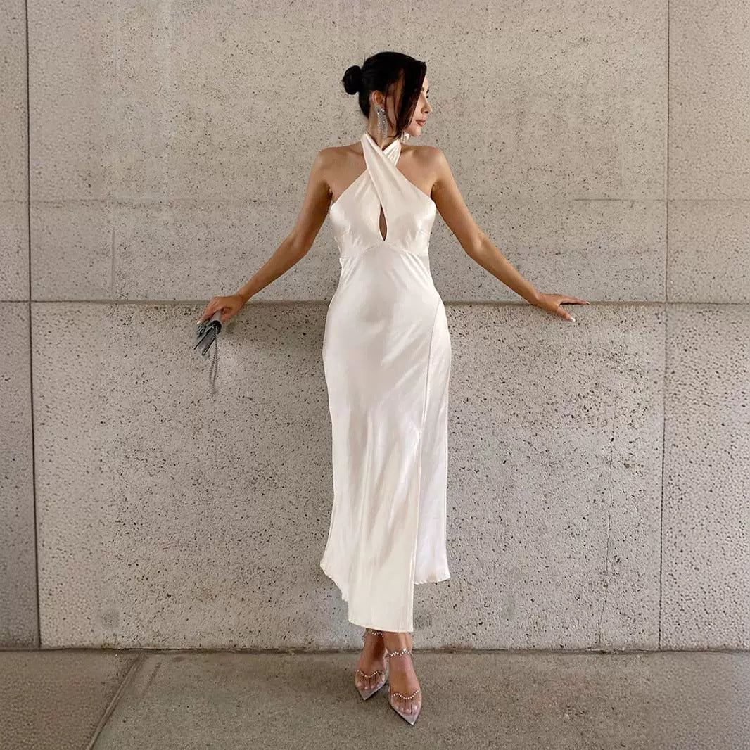 Satin Halterneck Cross-Front Cutout Backless Slit Maxi Dress 6