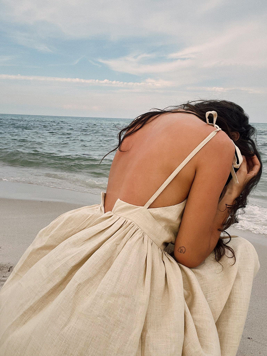 Pure cotton V-neck Strapless Backless Dress