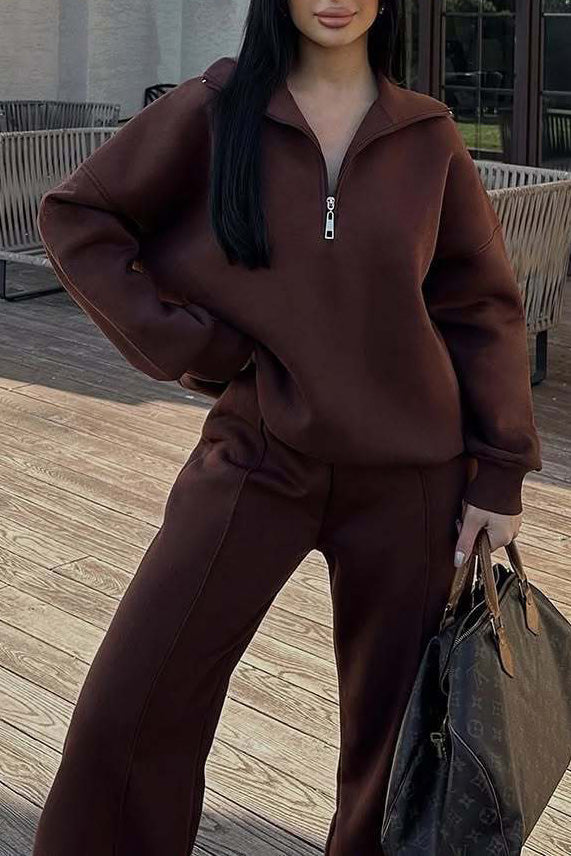 Thrifted Vibes Half-Open Pullover and Pants Set for Comfort