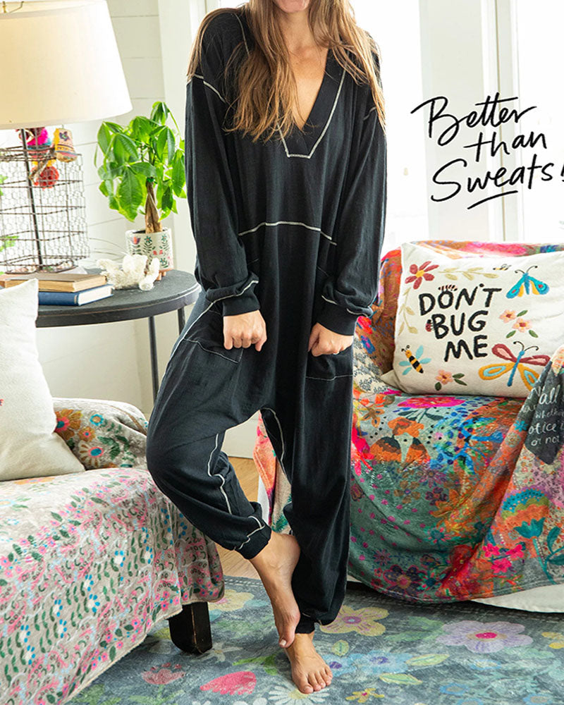 V-neck Wide Lapel Loose Drop Crotch Design Jumpsuit - Fashionpara