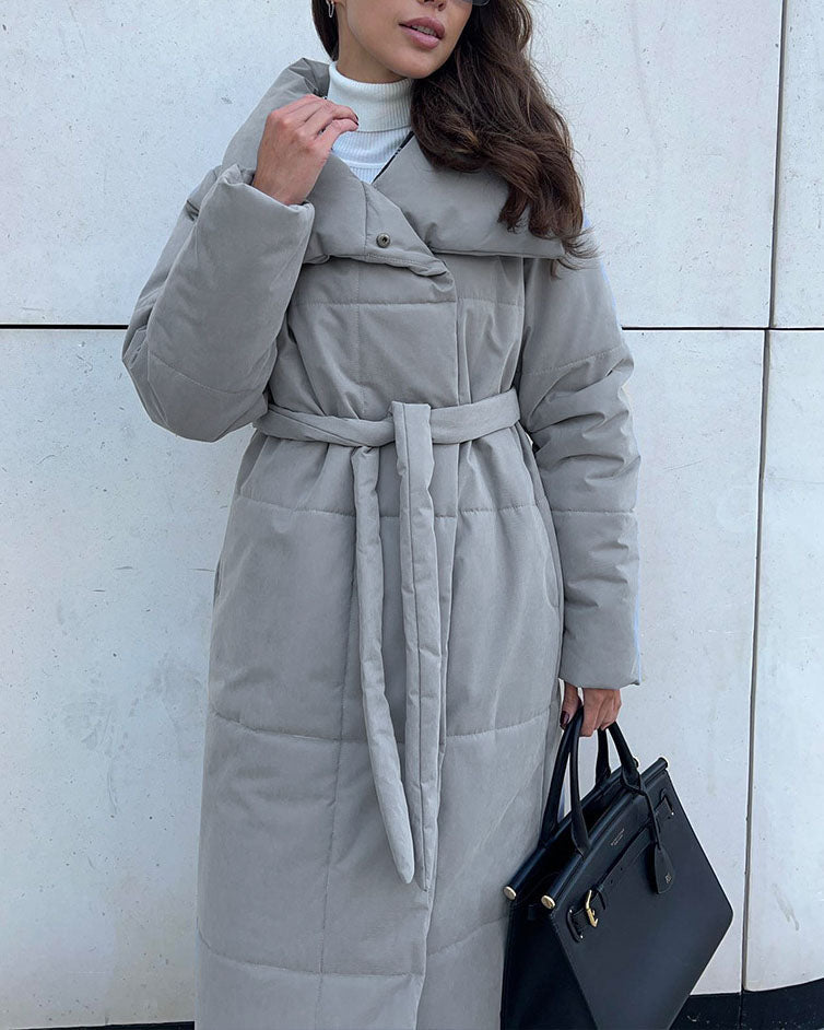 Elegant Long Cotton Coat with Large Lapel and Belt