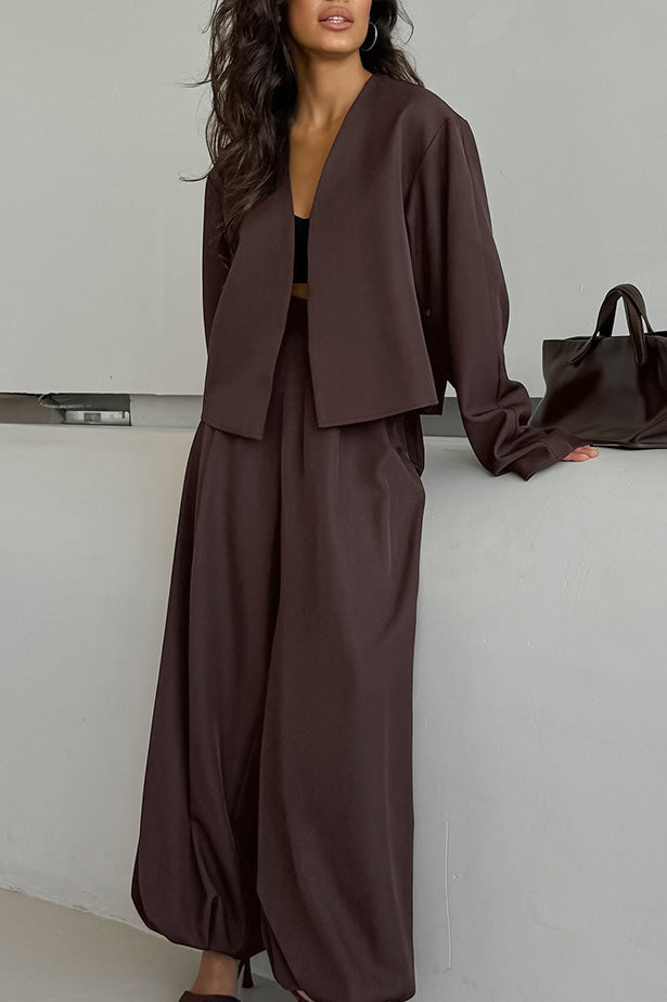 Chic V-Neck Coat and Loose Trousers Two-Piece Set