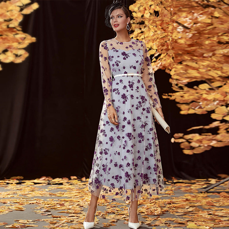 Lace Dress Round Neck Long Sleeve High Waist Swing Dress Maxi Dress - View 4
