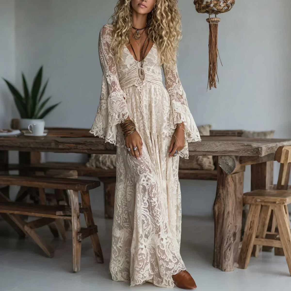 Lace Deep V-Neck Bell Sleeve Maxi Dress