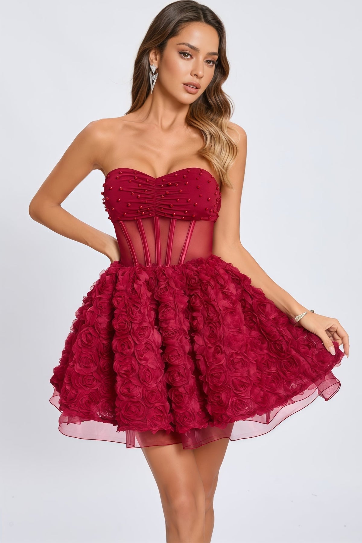 Beaded Strapless Corset 3D Rose Tulle Mini Dress - View 5