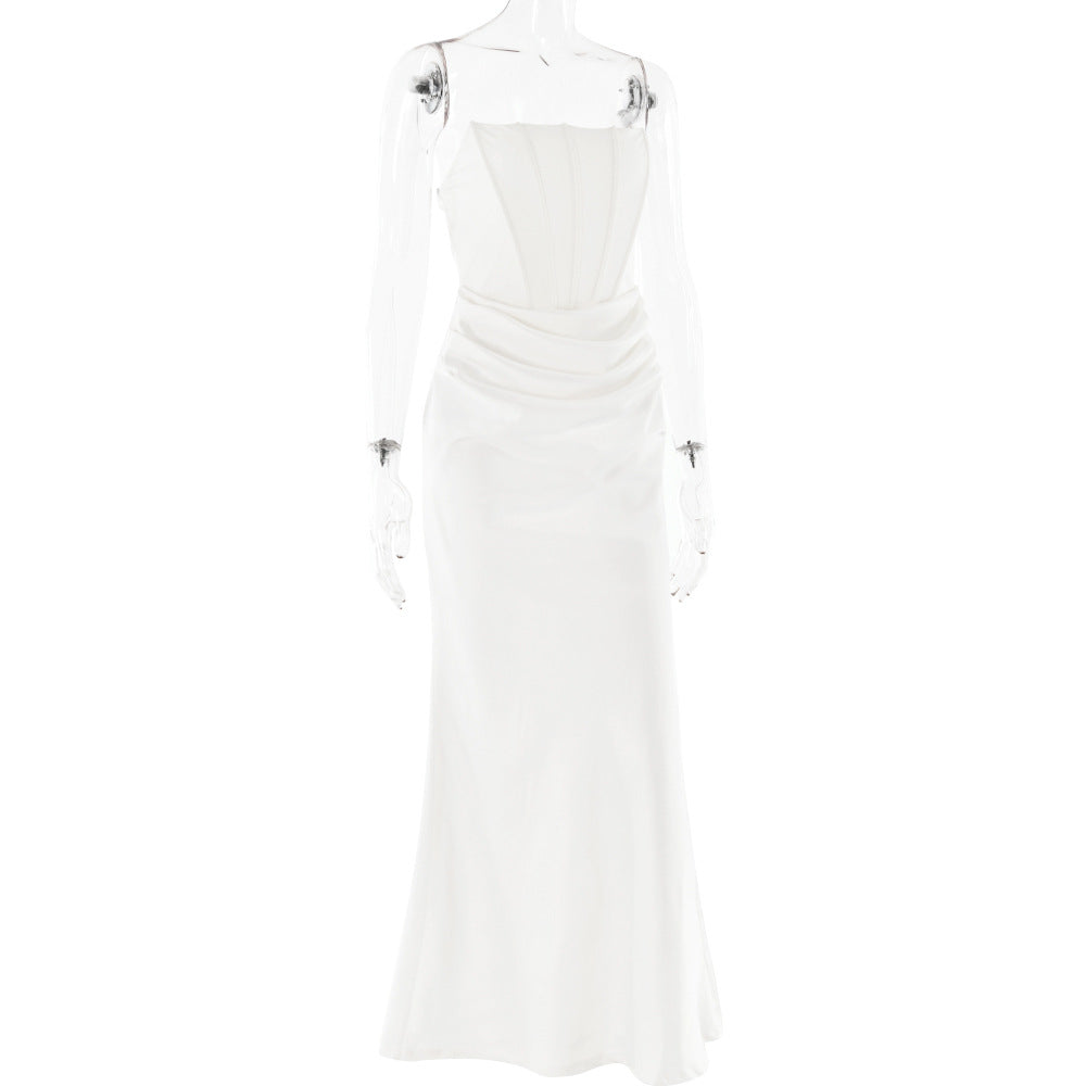 Strapless Ruched Draped Satin Column Maxi Dress 7