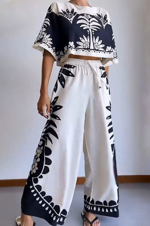 Tropical Island Loose Short Sleeve Top and Wide Leg Pants Set