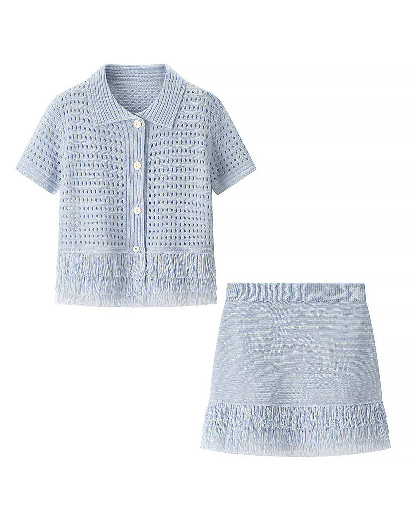 Chic Tassel Knit Coat and High-Waisted Miniskirt Set