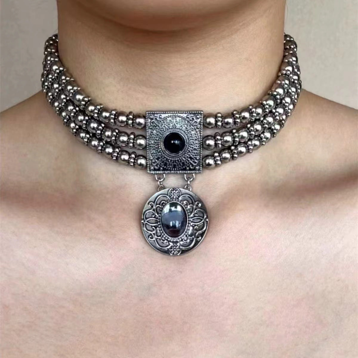 American Vintage Layered Titanium Steel Choker Necklace Steel Halloween