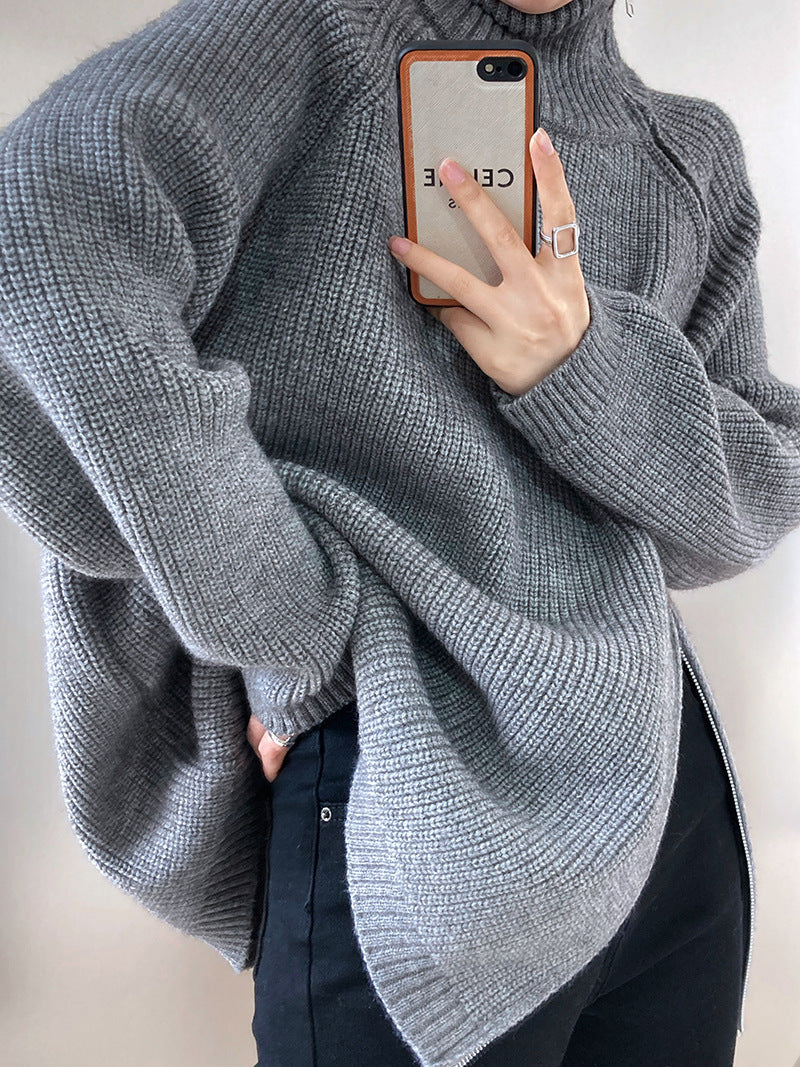 ShoptheCIC Solid Color Turtleneck Knit Sweater with Zip